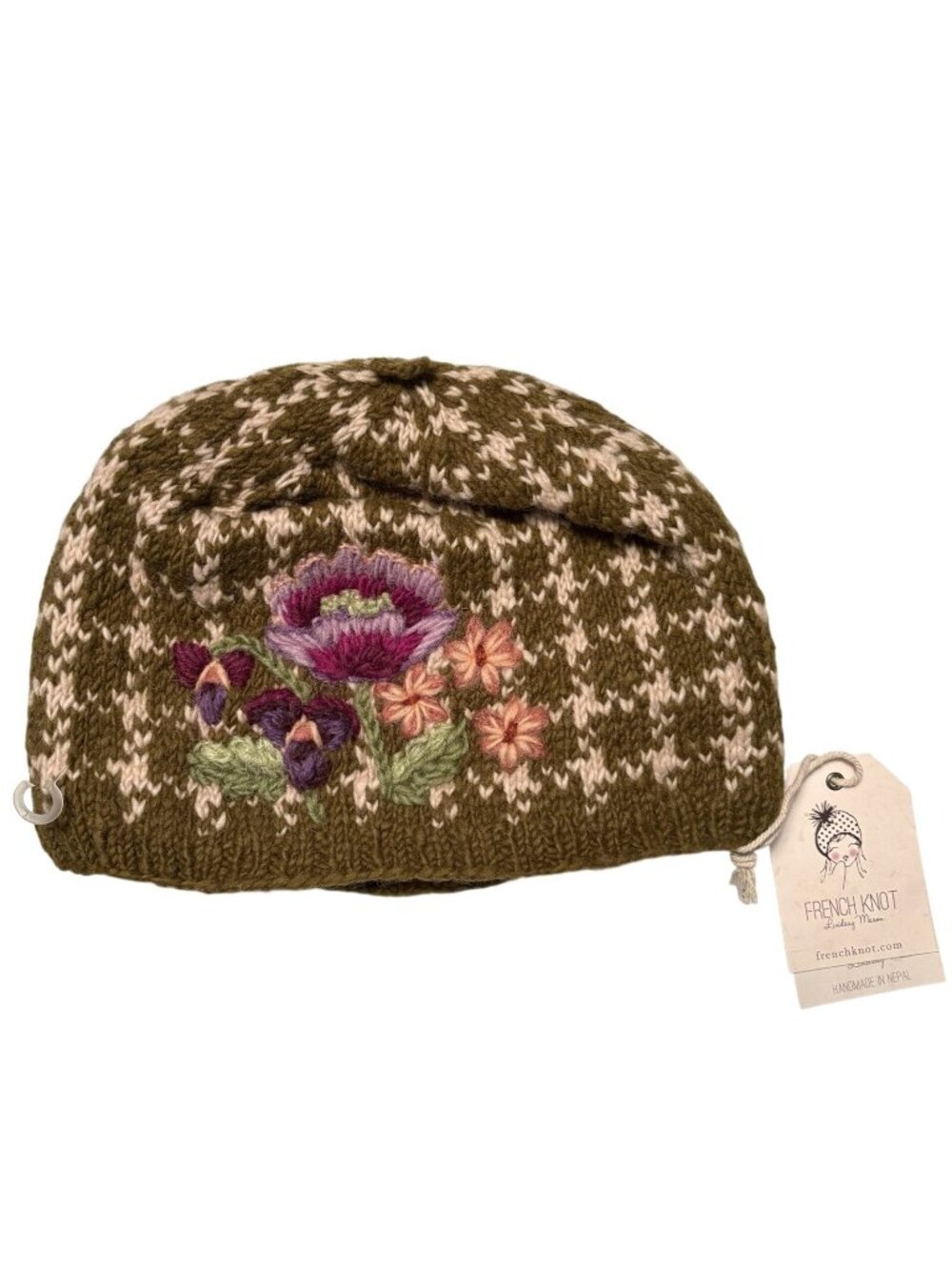French Knot Handmade Olive Green Fleece Lined Wool Georgia Floral Plaid Hat NWT